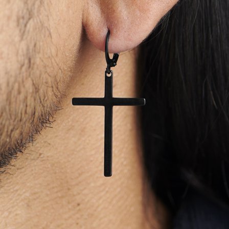 Sentio | Pendiente de aro con colgante de cruz de acero inoxidable negro para hombres - Pendientes de cruz