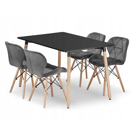 Valora YURO rektangulärt bord 120x80 svart + 4 WAKO grå stolar