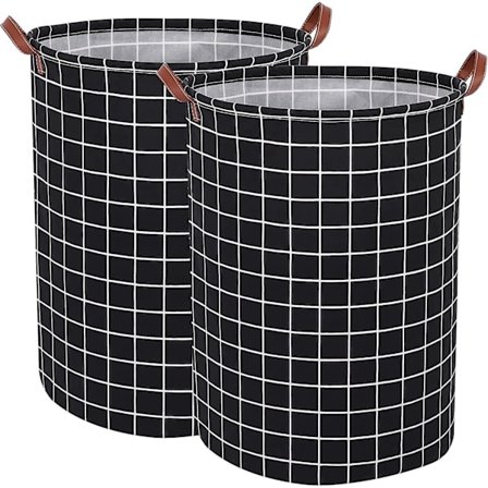 Klesvaskkurv Sett med 2, Sammenleggbar Klesvaskkurv, Stor Rund Vanntett Klesvaskkurv, Sammenleggbar Oppbevaringsorganisator med Lærhåndtak for 