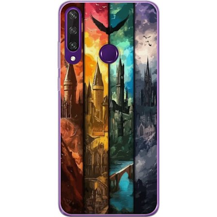 Kompatibel Mobilcover til Huawei Huawei Y6p Fire magiske slotte i forskellige elementfarver, episk fantasykunst med ild vand luft og mørke i detaljer