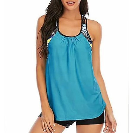 Stripete Tankini Topp for Kvinner med Snøring i Ryggen, uten Bunn, Lyseblå, XXL (FMY)