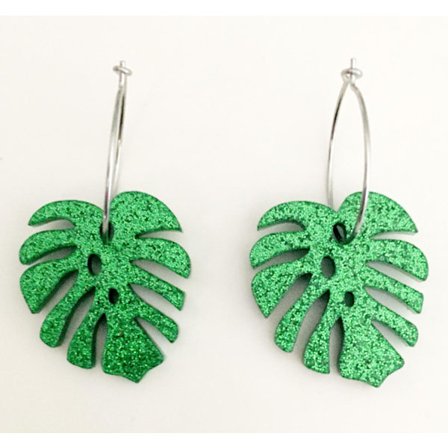 Earrings - Creoles - Monstera - Leaf - Green - Glitter - Mini