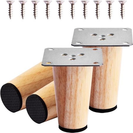4 stk 8 cm møbelben i tre, erstatningsben i massivt tre med monteringsplate, skruer og