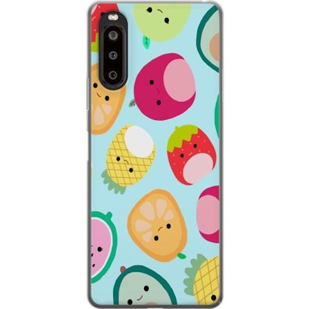 Yhteensopiva Puhelinkuori Sony Xperia 10 II Kawaii-hedelmien kuvioita, kuten mansikkaa, sitruunaa, ananasta ja avokadoa vaaleansinisellä taustalla