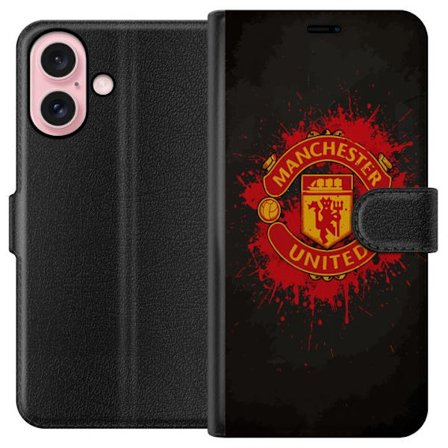 Yhteensopiva Lompakkokotelo Apple Apple iPhone 16 Manchester United logo punaisella ja keltaisella värillä, raikas urheilullinen tausta