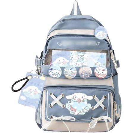 Anime Kanelbolle Ryggsekk for Tenåringsjenter College Skoleveske med Kawaii Pin Blå Ita Bag Kul Reiseveske for Gutter og Jenter Skolesesong Gaver-Blå