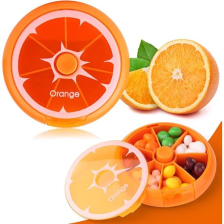 ING Pilleæske med 7 dages holdbarhed - Rund pilleæske lavet af 100% ny ABS-plast - Kompakt, fugtbestandig og bærbar - Orange frugtdesign