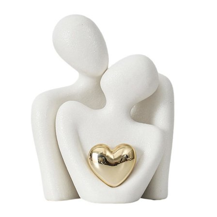 Ceramic Couple Figurine with Golden Heart - Loving Embracing Statue for Living Room, Bedroom, Desk, Wedding and Anniversary Gift White