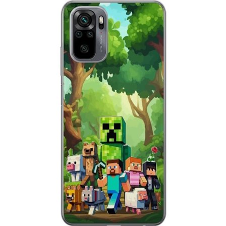 Kompatibelt Mobildeksel til Xiaomi Redmi Note 10 Blokkete pikselerte spillverden med grønne figurer og dyr i frodig skogsmiljø