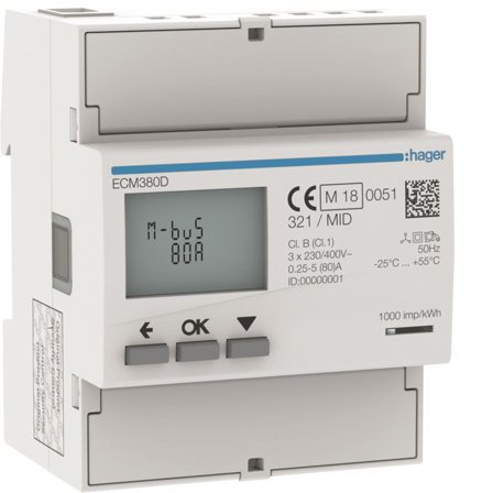 Hager ECM380D Energimåler 3-faset, MBUS, 80 A, 110-400 V, IP20, Elfordeling & strømforsyning