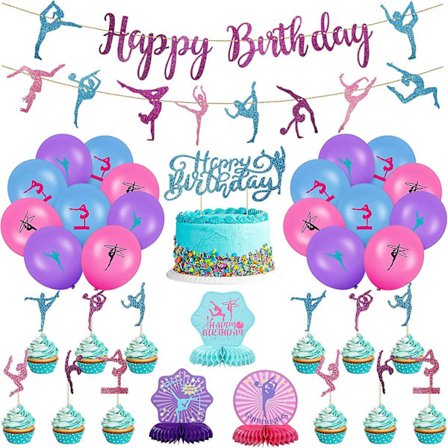 36 Deler Gymnastikk Festutstyr Dekor 2 Gymnastikk Bursdagsbanner 3 Bord Honeycomb Midtstykker 12 Cupcake Topper 1 Kake Topper 18 Latex Ba