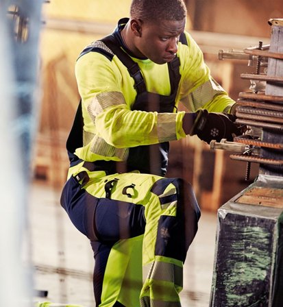 Arbetsbyxor Fristads Herr Varsel Green hängslebyxa stretch 1031 GSTP, klass 2, Varsel Gul/Marinblå Arbetskläder