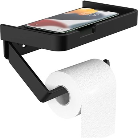 Toiletpapirholder, vægmonteret toiletpapirholder uden boring, toiletpapirholder til badeværelse og køkken med opbevaringshylde, sort