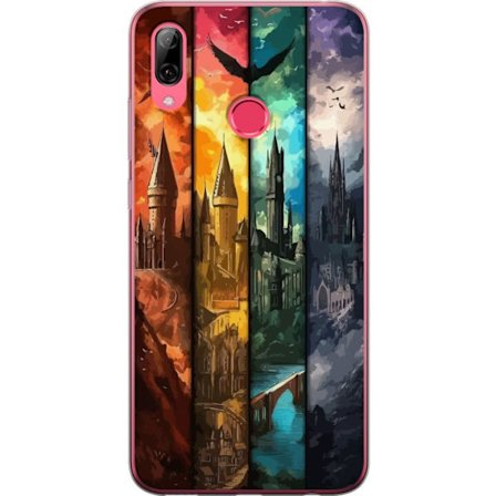 Kompatibel Mobilcover til Huawei Huawei Y7 (2019) Fire magiske slotte i forskellige elementfarver, episk fantasykunst med ild vand luft og mørke i de