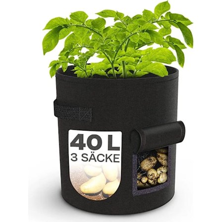 Perunasäkki istutuskassi setti 3 kpl - 40L suuri - katseluikkunalla ja merkintätulpalla - vettä läpäisevä - sisä- ja ulkokäyttöön