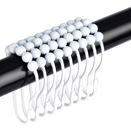 12-pack duschdraperikrokar i rostfritt stål med polerade metallkulor för badrum, vit