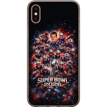 Yhteensopiva Puhelinkuori Apple iPhone X Super Bowl 2026 juliste, jossa New England Patriots ja NFL-mestaruuspalkinto räjähtävän urheilullisessa suunn