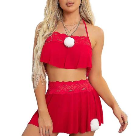 Christmas Lady Sexig Halter Crop Top Kjolar Sets Sovkläder Erotiska underkläder XL