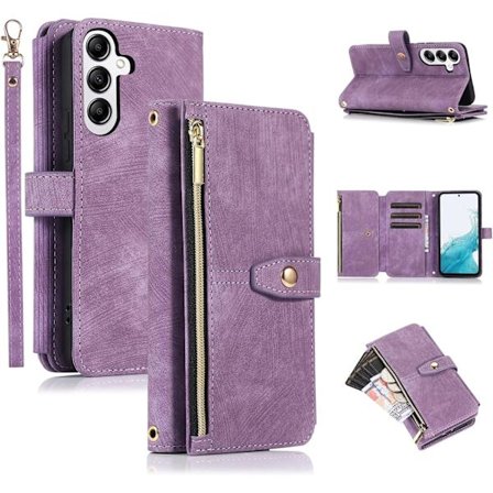 Samsung Galaxy S24, Korttipaikat Retro Nahkalompakko Iskunkestävä Käännettävä Suojakotelo Rannekkeella Korttipaikat Vetoketju - Violetti