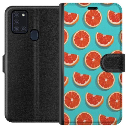 Kompatibelt Lommeboketui til Samsung Galaxy A21s Illustrert mønster med gjentatte grapefrukt skiver mot en turkis bakgrunn