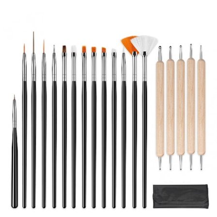 20 stykker neglekunst pensel med opbevaringspose, 15 stk. sorte neglepensel