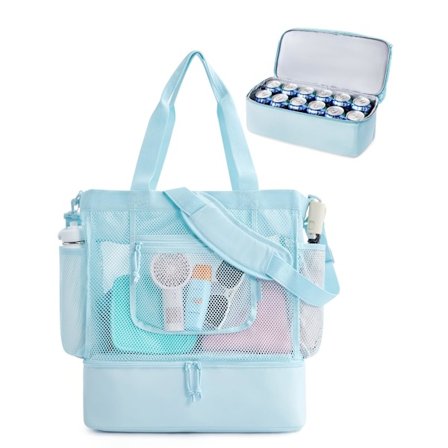 Strandveske for kvinner - Mesh-veske med glidelås og kjølerom | Sandtett svømmeveske for basseng og cruise | Viktige ferieartikler Carrier wit