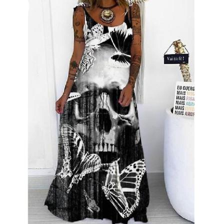 Kvinnors Casual ärmlös Maxiklänning Skull Printed Lös Klänning Halloween Party Sling Long Dress style 10 3XL