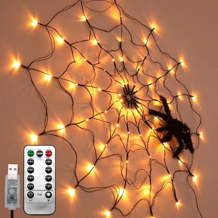 Halloween Spider Web Light med plyschspSLINdel, SLINomhSLUS och utomhSLUS skräck Halloween-tema, SLUSB med fjärrkontroll