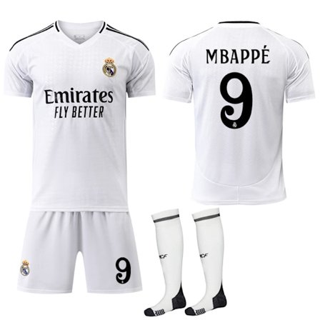 2024-2025 Real Madrid Hjemme Børn Voksen Fodboldtrøje med Strømper No.9 Mbappé 28