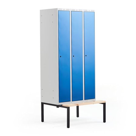 Clothes locker CLASSIC, bench seat, 3 modules, 2120x900x550mm, blue