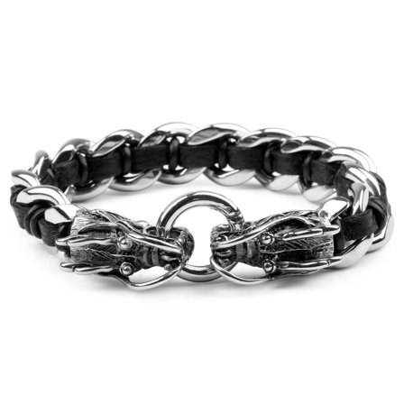 Bracelet Double Dragon en cuir et en acier pour hommes - Bracelets en acier - pour Hommes - Fort Tempus