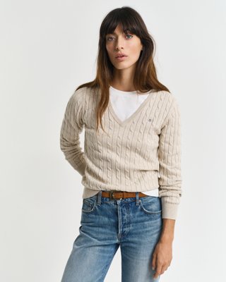 GANT - Kabelstrikket bomullsgenser med stretch og v-hals til dame seed melange