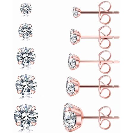 5 par örhängen, allergivänliga Cubic Zirconia 316L rostfria stålörhängen CZ-örhängen 3-8 mm, roséguld - Perfet_tfrf