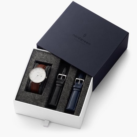 Nordgreen | Herrenuhr Silber Set Nachhaltig - Schwarzes Ziffernblatt - Silber | 40mm Armbänder Leder Braun / Schwarz / Navy Blau - Philosopher - 