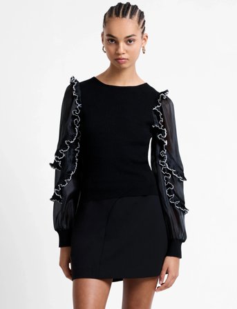 French Connection Krista Mix Ruffle Trim Slv Top - Black - XL