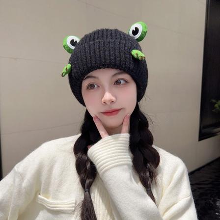 Varm vinterstrikk lueluer Kvinner Høst og vinter Håndlaget søt frosk Kuldebestandig svart ulllue unisex Black M