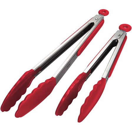 Sett med 2 profesjonelle kjøkkentenger, (røde) kjøkkenredskaper i rustfritt stål og matsilikon, varmebestandige kjøkkentenger