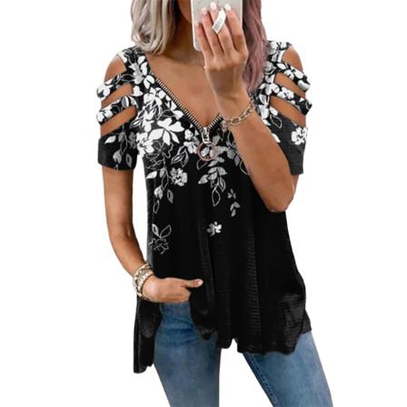 T-shirt Sommartryck Print V-ringad Dragkedja Tshirt Hollow Pullove