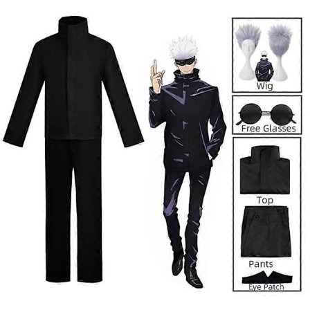 Anime Jujutsu Kaisen Gojo Satoru Cosplay Kostyme Øyelapp Parykker Briller Dress Halloween Kostymer for Menn-Perfet