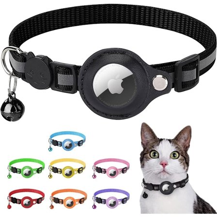 Airtag Kattehalsbånd Reflekterende Justerbar Kat GPS Tracker Halsbånd med Sikkerhedsspænde og Klokke, Sort