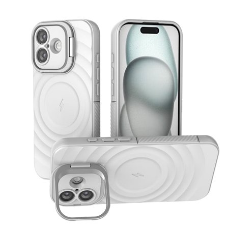 Kompatibel med iPhone 17-deksler, full-linse-deksler og knusesikre deksler med skjult stativ (hvit).