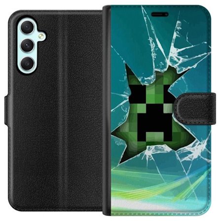 Samsung Galaxy A34 Lommeboketui Minecraft Creeper gjennom knust glass med dramatisk eksplosjonseffekt hvor den ikoniske Creeperen bryter gjennom overf