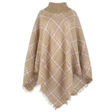 Turtleneck Frayed Trim Rutig Poncho-tröja