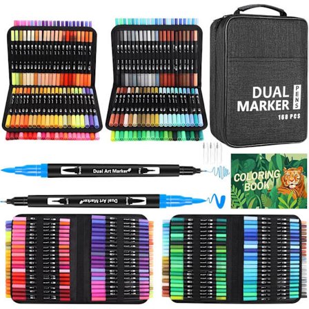 Farveblyanter til voksne, 168 farveblyanter med dobbelt spids, penselkunstmarkører til kalligrafi og bogstaver