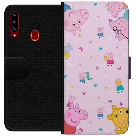 Kompatibelt Lommeboketui til Samsung Galaxy A20s Peppa Gris med en baby i armene, mamma gris motiv i fargerik og myk barneillustrasjon med hjerter