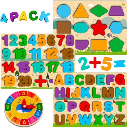 Pussel för barn 3-5 år, trä-ABC-alfabetet, siffror, former och analog klocka
