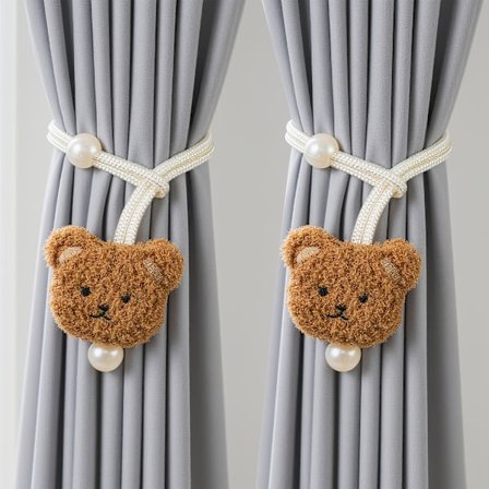 2 stk. Moderne minimalistiske 3D beige og brune bjørne med imiterede perledekorationer justerbare gardinbindere, ingen boring nødvendig polyester reb 