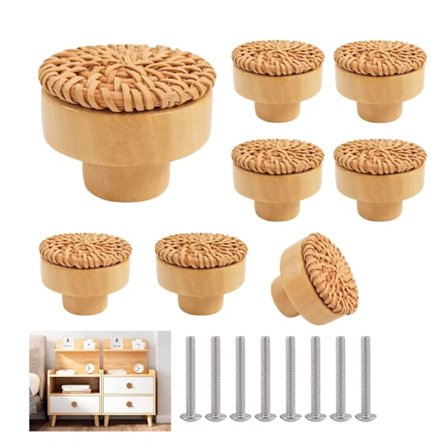 8 st Rattan Köksknoppar Skåpshandtag Skåpslåda Dörrknoppar, Runda Trä Lådor för Kök Sovrum Byrå Skåp Dörr