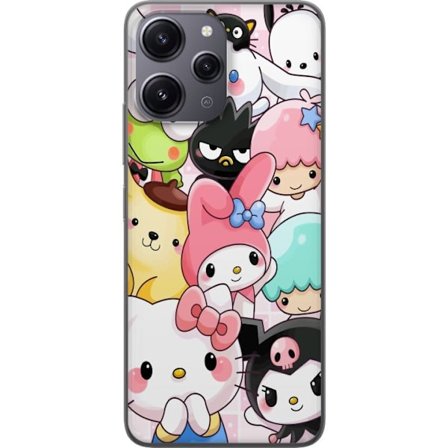 Yhteensopiva Puhelinkuori Xiaomi Redmi 12 Tiheä kuvio suloisia hahmoja, joilla on suuret silmät eri väreissä ja ilmeissä LABUBU-tekstillä