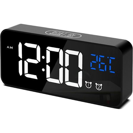 Digital vekkerklokke, LED digital vekkerklokke temperatur/slumre/2 alarmer/12/24 timer/USB-ladeport/16 sanger (svart)